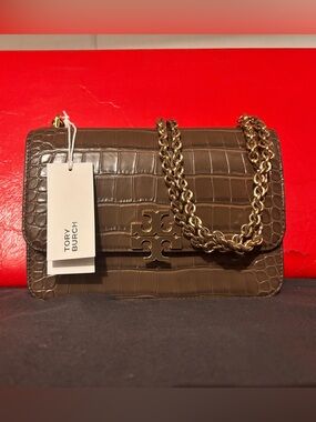Tory Burch neutral brown Croc-Embossed Chain Shoulder Bag